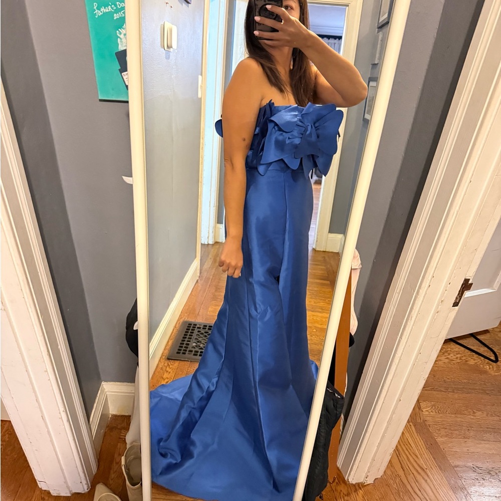 Rene Ruiz Strapless Satin Dress with Bow in Blue - Picture 5 of 7